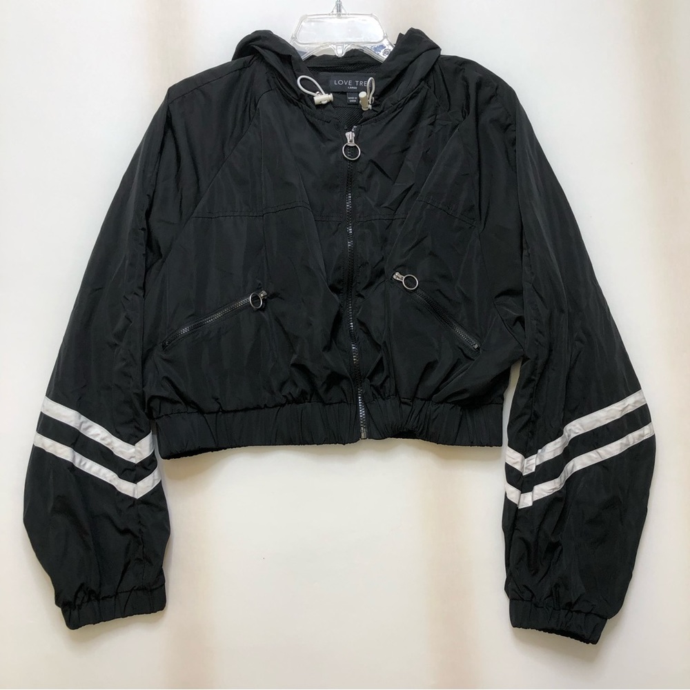 Love Tree Windbreaker Cropped Black With White Stripes Zip Up L